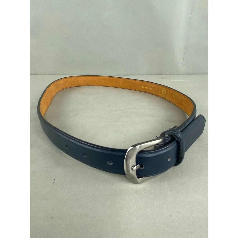 VTG Silver Goose Navy Blue Leather Belt 30-32 Silver Buckle Classic Minimalist